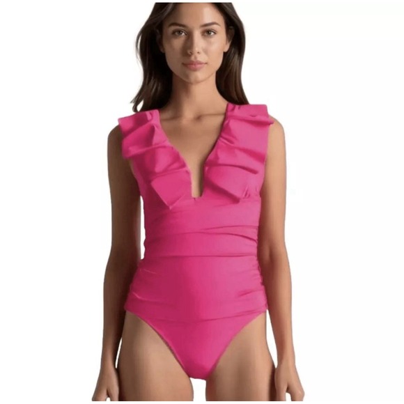 J. Crew Other - J Crew Women's Pink Ruched Ruffle One-Piece Swimsuit Size 10 Poolside Beach NWT